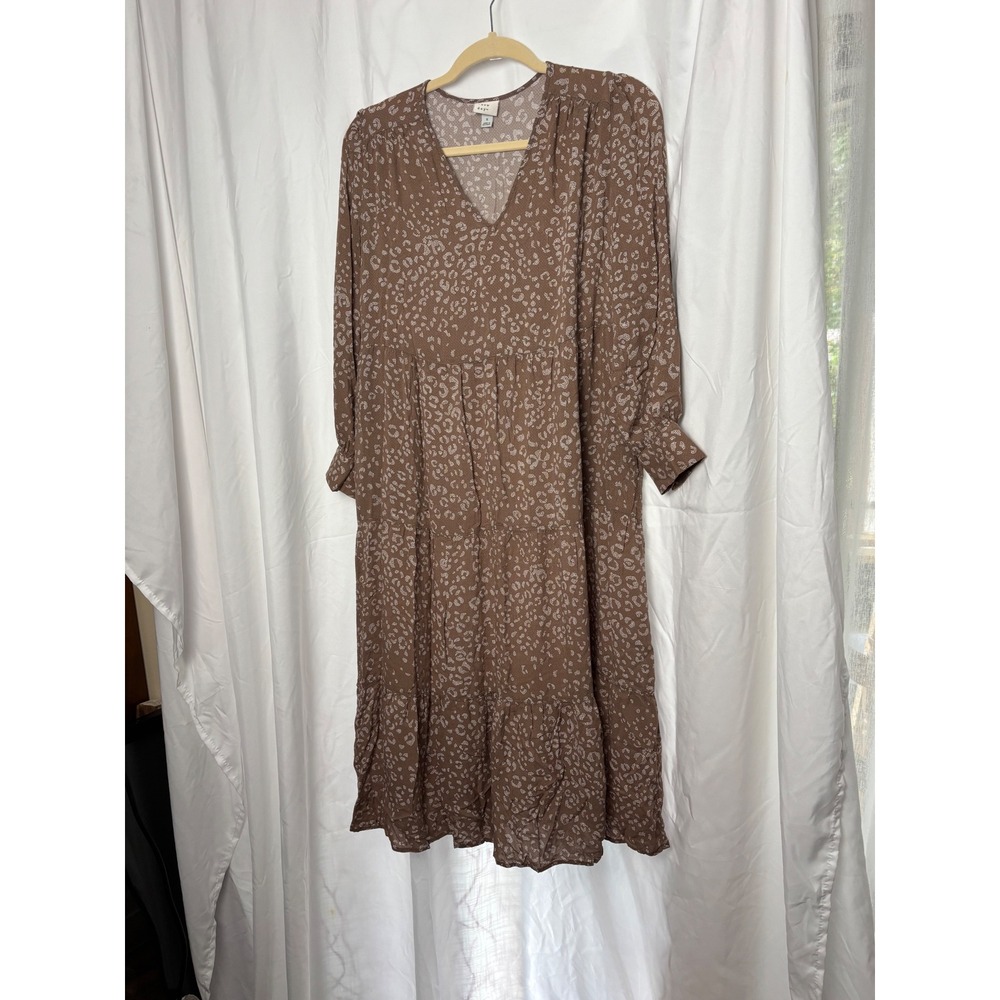 A New Day Brown Print Tiered Midi Dress V-Neck Long Sleeve Small